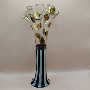 Vintage Mackenzie Childs Glass Ruffle Top Vase Courtly Stripe Gold Polka Dot 10"